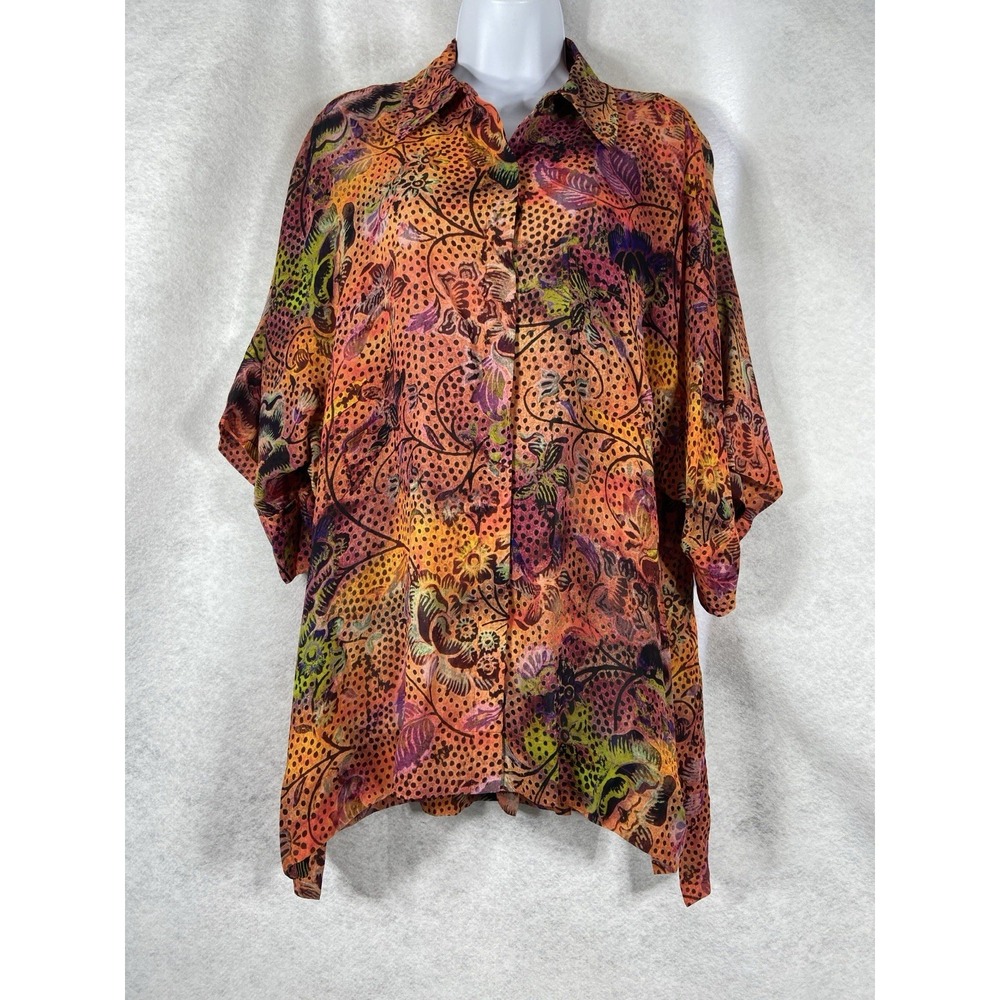 Peruvian Connection Top Women's Medium Orange Pink Taormina Button Up Floral